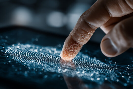 A finger about to touch a glowing, digital fingerprint, representing biometric security. A concept for identity, cybersecurity, and advanced data protection technology.