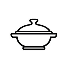 Illustration of a covered serving dish with a knob on top in a simple black outline design style