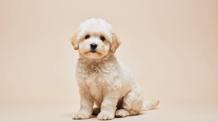 Obraz premium A cute cream-colored Maltipoo puppy with soft, detailed fur and big eyes sits on a light beige background, looking at the camera with a curious head tilt in a professional studio setting