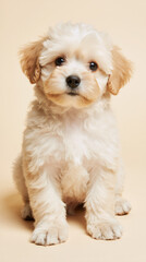 Obraz premium A cute cream-colored Maltipoo puppy with soft, detailed fur and big eyes sits on a light beige background, looking at the camera with a curious head tilt in a professional studio setting