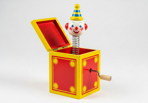 Classic jack in the box toy with clown emerging from colorful box and spring surprise