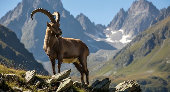 Majestic Ibex Stands Proudly on Rocky Mountain Peak.