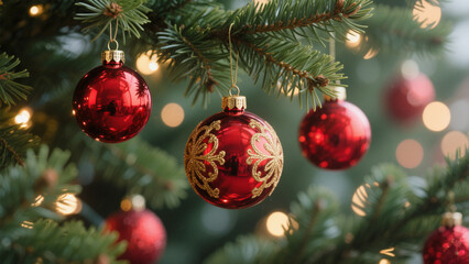A close-up view of a festive Christmas scene featuring glossy red ornaments hanging from lush green pine branches. Christmas, Christmas Tree, Merry Christmas, Christmas Background, Christmas Lights