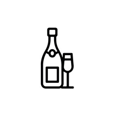 Illustration of a champagne bottle with a label next to a champagne glass in a minimalist style