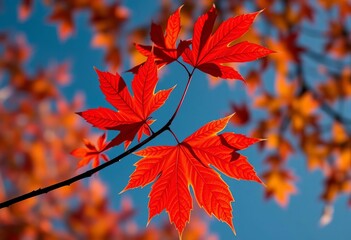 Crisp red and orange maple leaf on a branch against autumn sky,  branch,  red maple