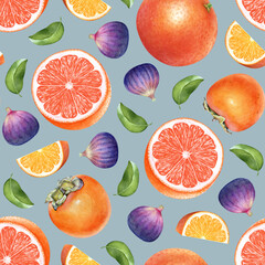 Seamless pattern with watercolor hand drawn figs, persimmons, oranges and grapefruits with green leaves on blue background
