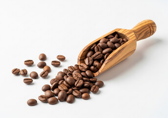 Fototapeta premium Roasted coffee beans spill from wooden scoop creating aromatic morning beverage ingredient shot