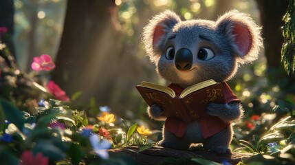 Adorable koala sitting amidst wildflowers, engrossed in reading a book