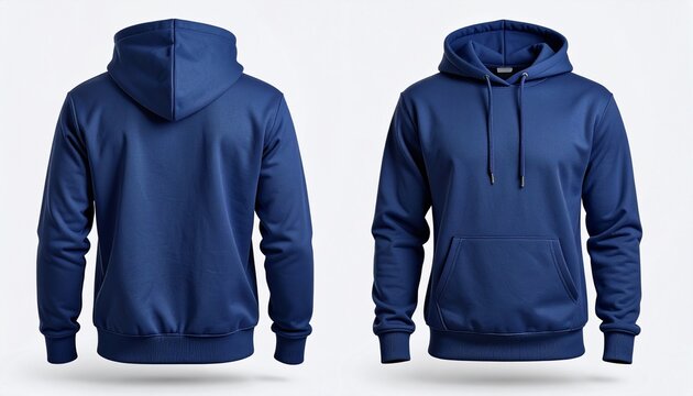 A versatile blue hooded sweatshirt mockup shown from the front and back view. Isolated blank pullover template for apparel design and branding