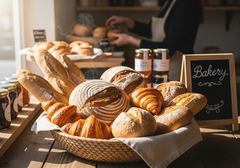 Freshly Baked Artisanal Bread and Pastries Bathed in Warm Morning Light on a Rustic Bakery Counter