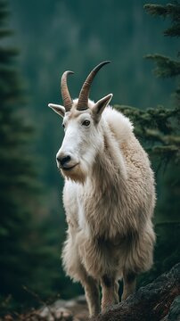 Ivory-coated caprid with curved antlers amidst jade forest canopy

