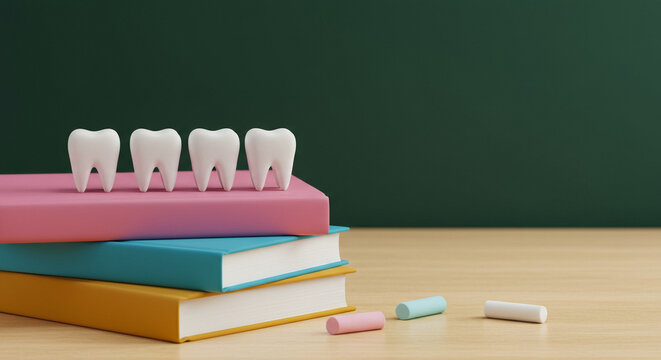Tooth-shaped erasers on schoolbooks, pediatric dental awareness and education