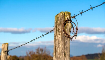 Rustic wooden post with barbed wire, a loop of wire rests on it against a clear blue sky