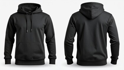 Blank black hoodie sweatshirt mockup for design presentation. Front and back view of isolated hooded sweater template on white background