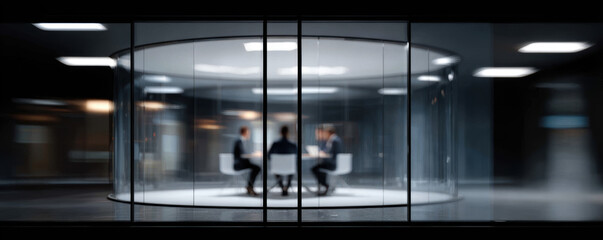 Group of professionals engaged meeting around circular table modern, high tech conference room. glass walls create sense of transparency and collaboration, enhancing atmosphere of innovation