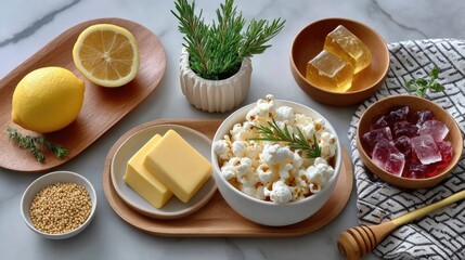 Culinary Harmony: A beautifully arranged assortment of gourmet snacks and fresh ingredients including popcorn, citrus fruit, sweet jelly candy.