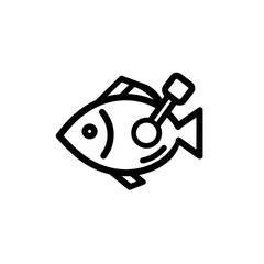 Illustration of a fish with a fishing rod through it in a simple black line drawing on white background
