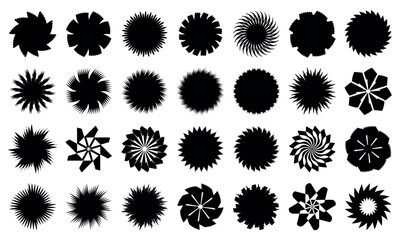 Black starburst shape collection, radial retro burst graphic, abstract circle explosion design