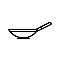 Illustration of a simple black outline of a wok with a handle on a plain white background scene view