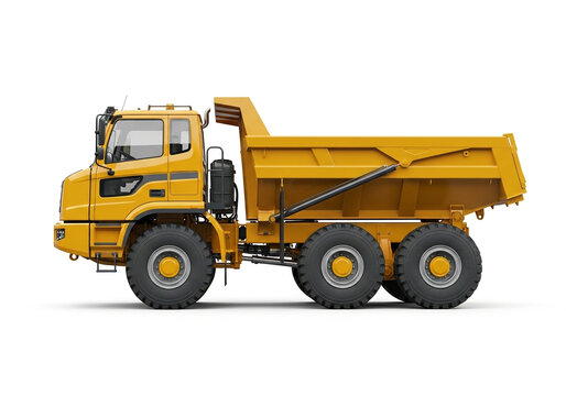 Heavy duty yellow articulated dump truck for construction and mining isolated on white