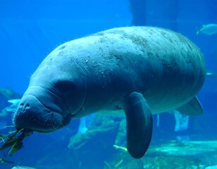 Fototapeta premium A peaceful manatee gracefully swims through the vibrant blue depths of an aquarium, its calm demeanor and gentle presence highlighted by its aquatic setting.