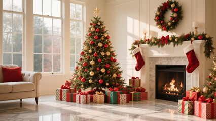 A festive Christmas setting featuring a beautifully decorated tree adorned with red and gold ornaments, standing next to a traditional fireplace. Christmas, Christmas Tree, Merry Christmas