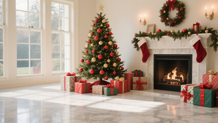 A festive Christmas setting featuring a beautifully decorated tree adorned with red and gold ornaments, standing next to a traditional fireplace. Christmas, Christmas Tree, Merry Christmas
