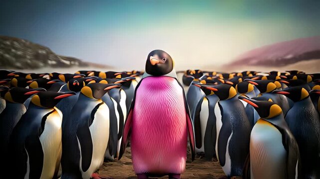 Emperor Penguin Crowd with One Unique Pink Penguin, standing out from the rest of the flock