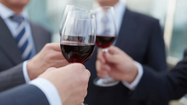 Celebration of partnership with wine glasses raised, showcasing camaraderie and success among business professionals in formal attire. atmosphere is filled with joy and accomplishment