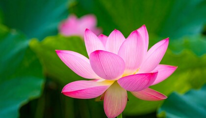 A vibrant pink lotus flower blossoms beautifully against a backdrop of lush green foliage.