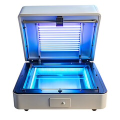 UV Transilluminator with Electrophoresis Gel Tray Glowing Blue Light – Isolated on Transparent Background – PNG – GENERATIVE AI