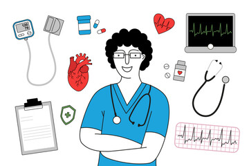 Vector illustration of a doctor with a stethoscope in close-up, surrounded by medical icons. Minimalist flat style, healthcare and cardiology concept, isolated on white background.