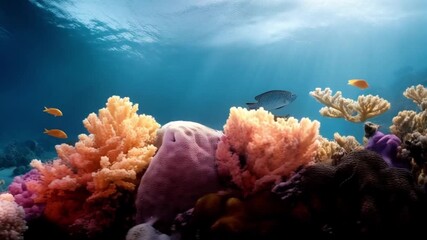 Panoramic view of the coral reef. Animals of the underwater sea world. Ecosystem. Colorful tropical fish.
