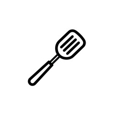 Illustration of a kitchen spatula with slots and a handle in a simple black outline design style