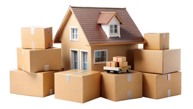 A miniature house surrounded by cardboard boxes, symbolizing moving, relocation, and the process of settling into a new home isolated on transparent background - Powered by Adobe