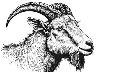 Detailed black and white line drawing of a goat's head in profile view, showcasing intricate detail and a serene mood.