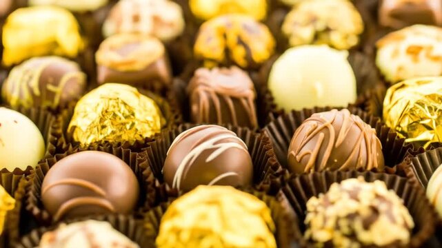 Assorted Gourmet Chocolate Truffles in Brown Paper Cups Close Up Display of Different Shapes Textures and Colors Featuring Gold Foiled Candies and Drizzled Patterns