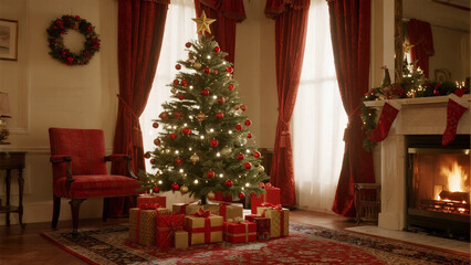 A cozy Christmas scene featuring a beautifully decorated tree as the centerpiece of a warmly lit room. Christmas, Christmas Tree, Merry Christmas, Christmas Background, Christmas Lights