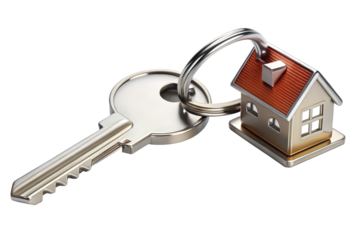 Silver key with a miniature house keychain, isolated on transparent background, representing real estate, home ownership, and property investment