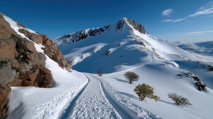 Snowy Mountain Trail: A picturesque trail winds its way through a snow-covered mountain landscape under a clear, blue sky, creating a scene of serene natural beauty.