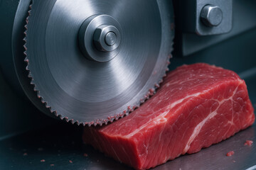 Meat processing industry uses sharp circular saw blades to cut fresh red beef into portions for food preparation and packaging in food sector