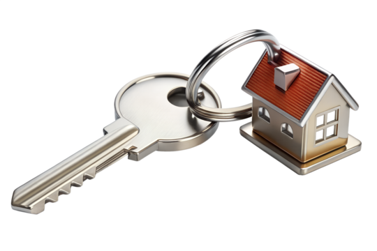 Silver key with a miniature house keychain, isolated on transparent background, representing real estate, home ownership, and property investment