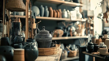 Naklejka premium Rustic pottery and ceramic collection in artisanal shop