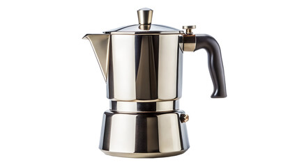 Shiny stainless steel moka pot isolated on transparent background, a traditional italian stovetop espresso maker for rich coffee