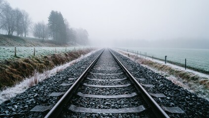 Railroad tracks extend into a misty landscape on a frosty day.