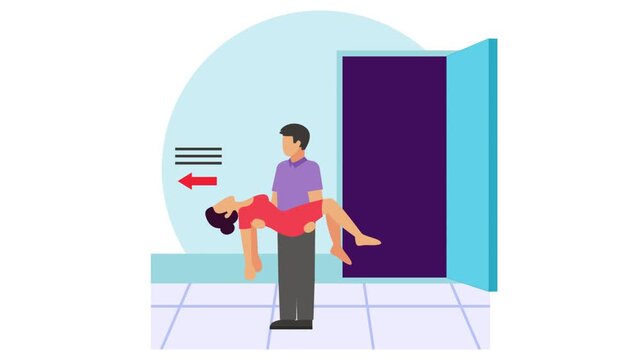 man carrying unconscious woman in his arms while stepping out doorway animation, action during crisis animated video, first aid people clip, Medical emergency footage, Saving Lives services motion