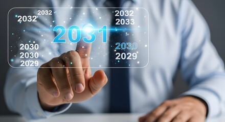 Businessman touching future year vision planning strategy timeline forecast innovation idea concept