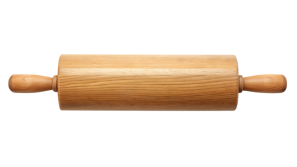 Wooden rolling pin isolated on transparent background for flattening dough and pastry in baking and cooking preparation, a classic kitchen utensil