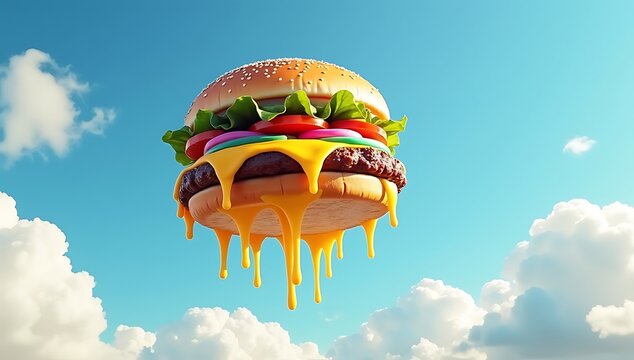 Giant burger floating in the sky, rainbow dripping cheese, surreal viral food fantasy, dreamlike delicious exaggeration