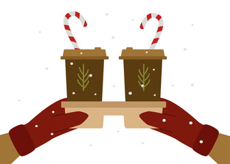 He holds coffee in paper cups in his hands. Close-up. Decorated with a lollipop stick. Vector winter illustration.
